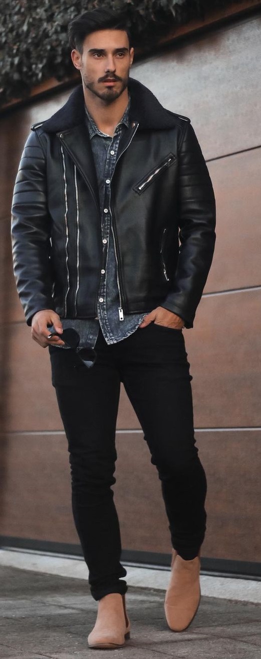 Black Leather Jacket- Denim Shirt-Black Jeans
