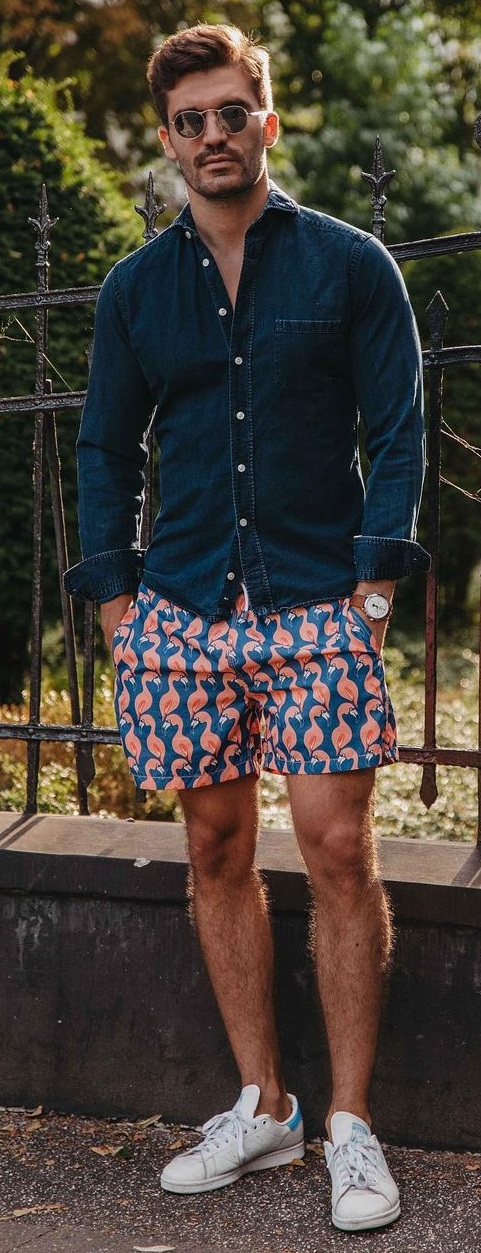 Denim Shirt and Printed Shorts Outfit for Men