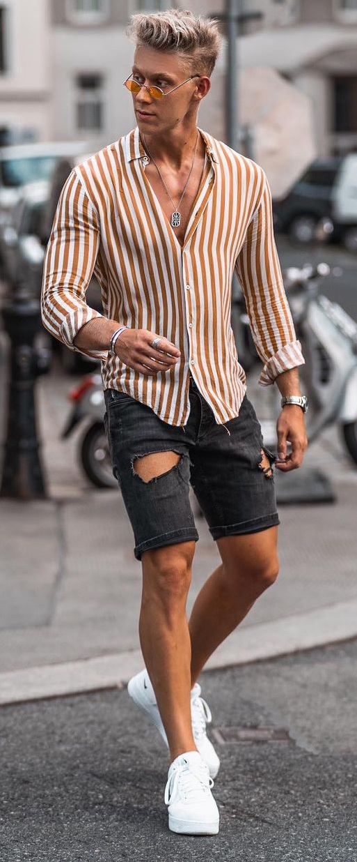 Striped Shirt and Denim Shorts Outfit Ideas