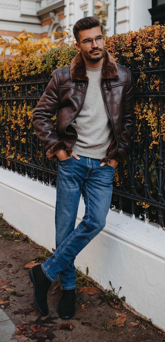 Basic Fall Outfit- Leather Jacket- Sweater- Denim Jeans