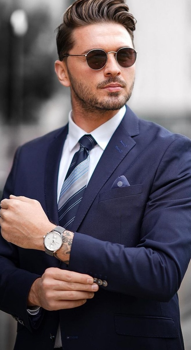 Blue Suit Outfit- Patterned Tie- Stylish Watch- Mens Outfit