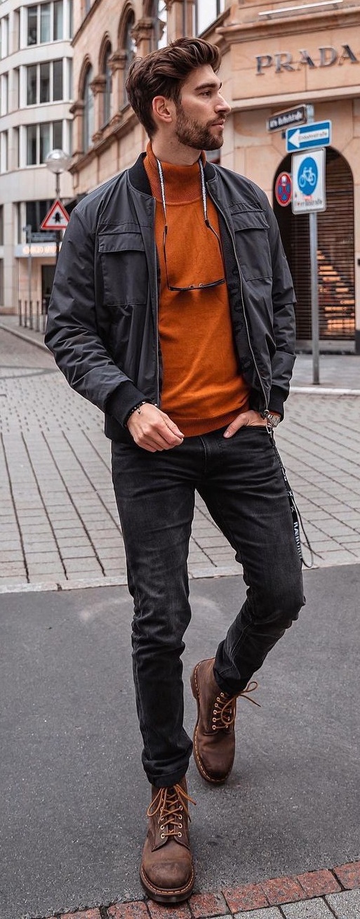 Bomber Jacket- Orange Sweater-Denims-Boots-For Fall