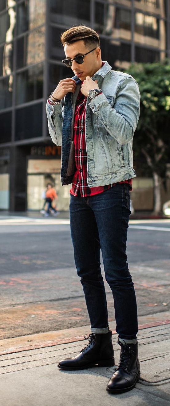 Hottest Red Check Shirt- Denim Jacket -Black Denims- Outfits-for-Men