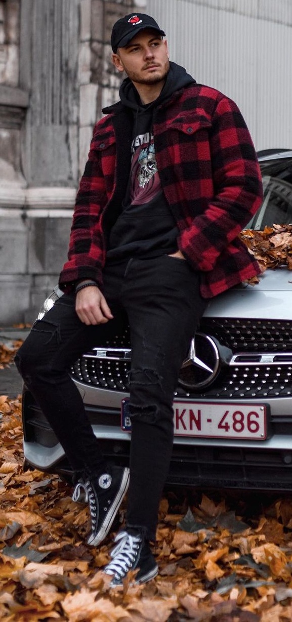 Plaid Jacket- Graphic Tee-Denims-Sneaker Shoes-Cap-Fall-Outfit-For-Men