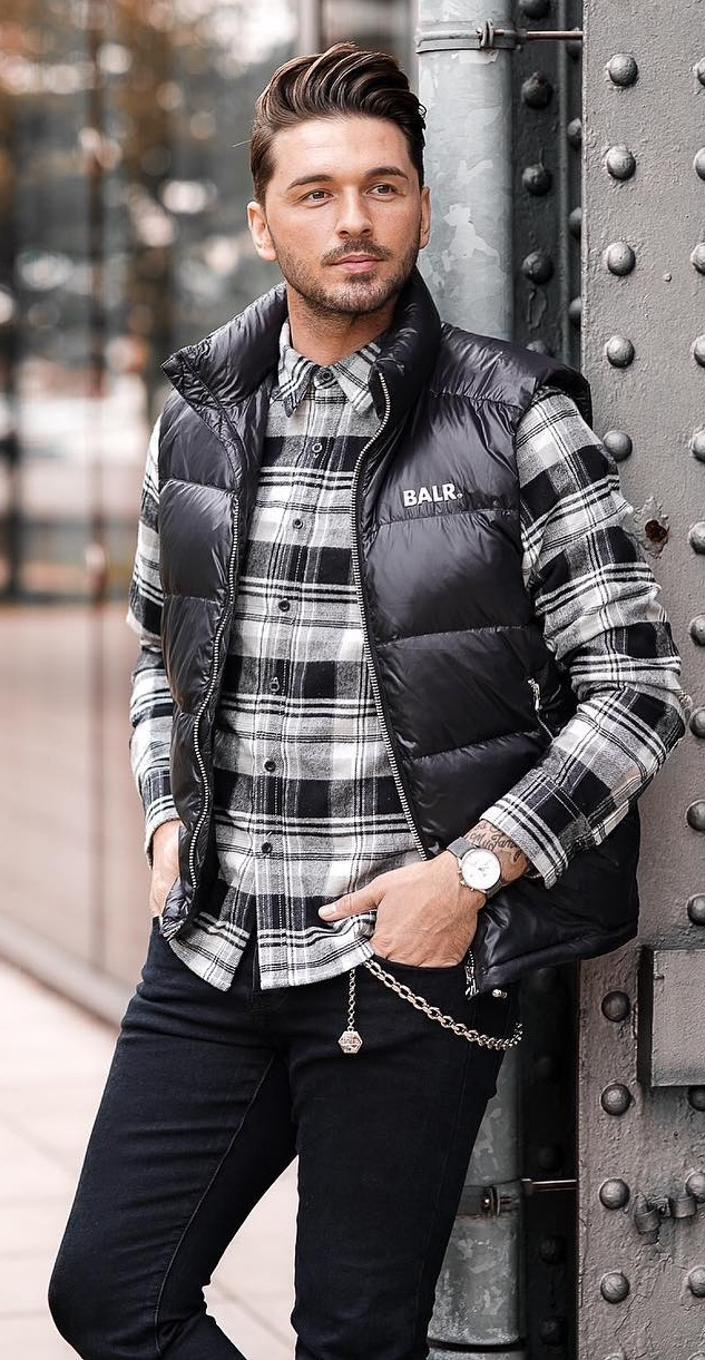 Puffer Jacket+ Black and White Checkered Shirt + Black Pants- Winter Outfit