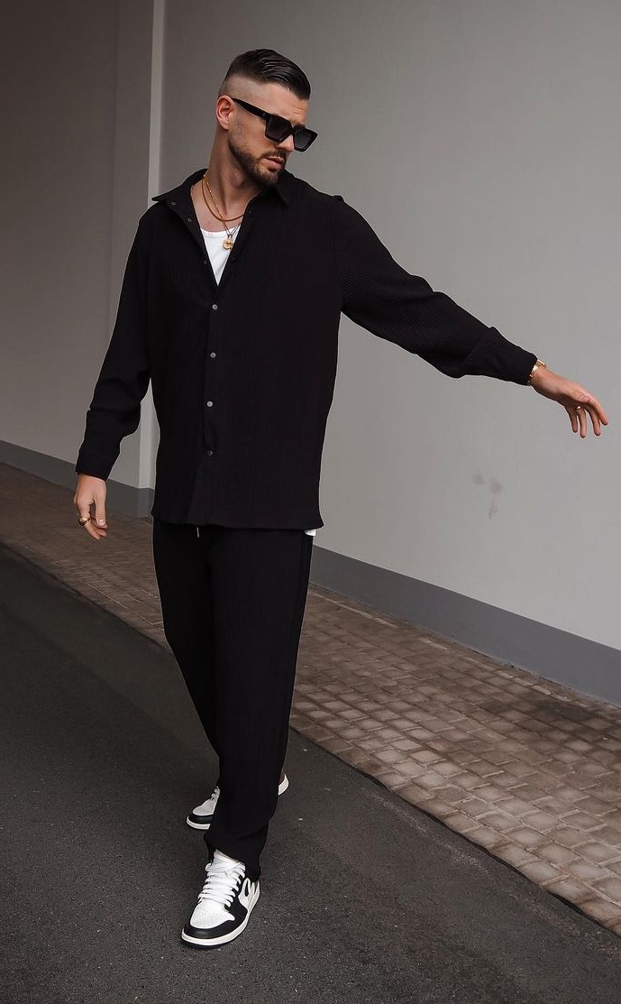 Black Full Sleeves Shirt Paired With Black Baggy Pants