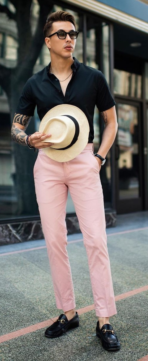 Black Shirt- Pink Chinos Outfit For Cool and Casual Look