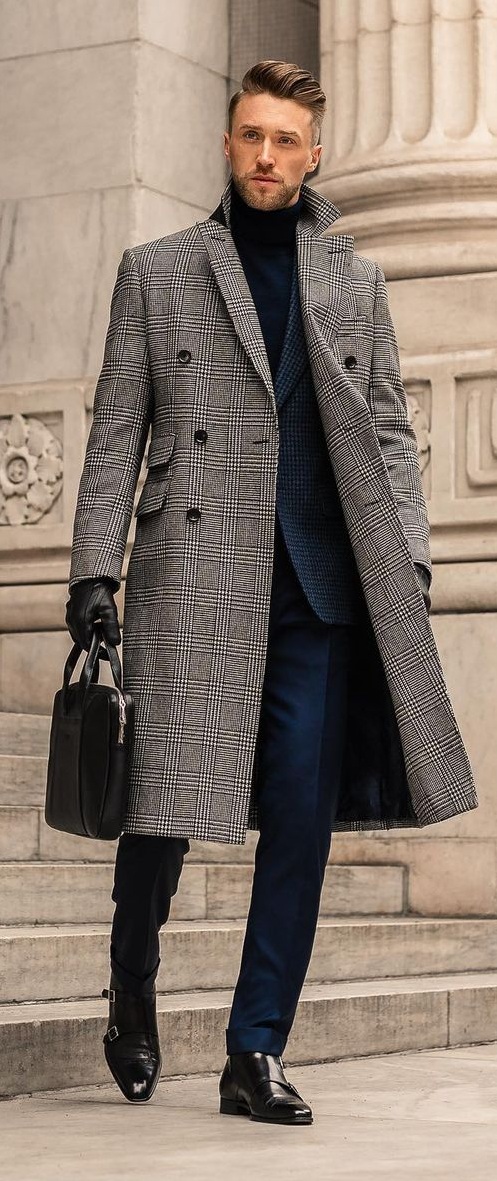 Blue Suit With Plaid Coat and gloves outfit idea for men