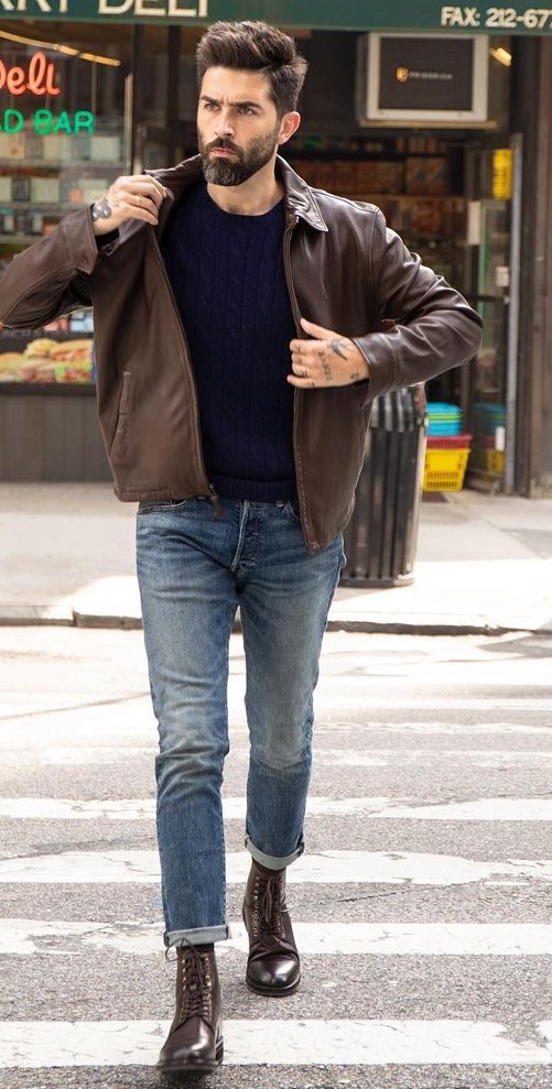 Brown Jacket and Blue Sweater Outfit Combination for Winter