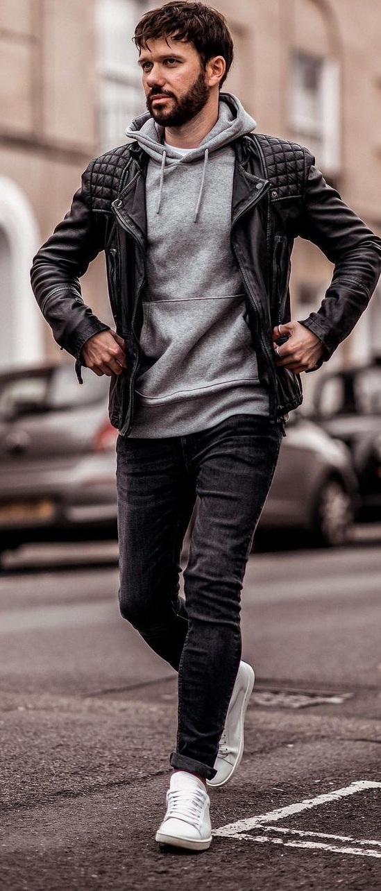 Cool Biker Jacket Styled With Hoodie, Denims and Sneakers