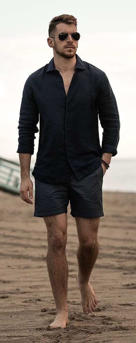 Cool Black Shirt and Shorts Outfit for Beach Look