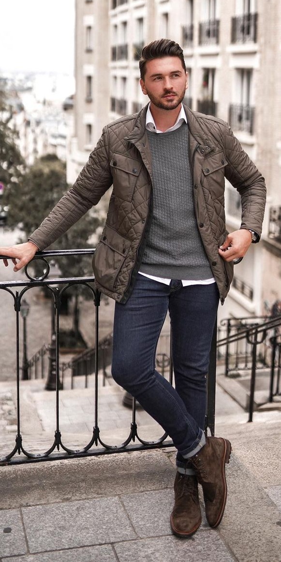 Cool and Casual Quilted Jacket Outfit Styled With Sweater and Boots