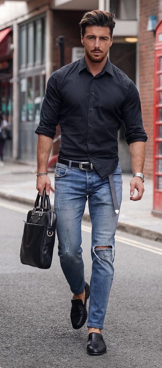 Dope Denim Jeans and Black Shirt Outfit For Men
