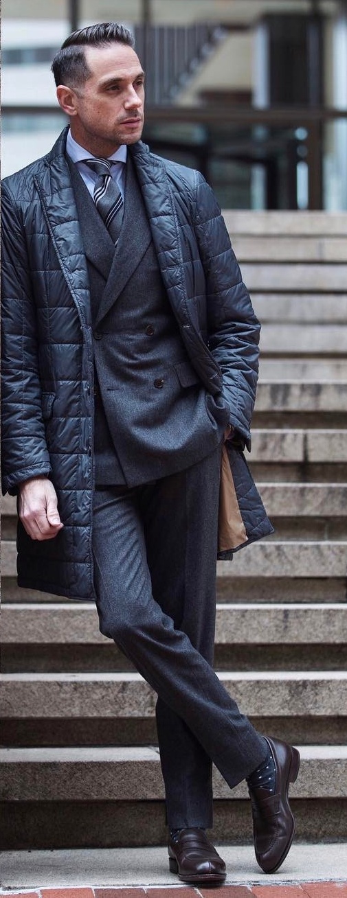 Double Breasted Suit Styled With Puffer Jacket For Winter