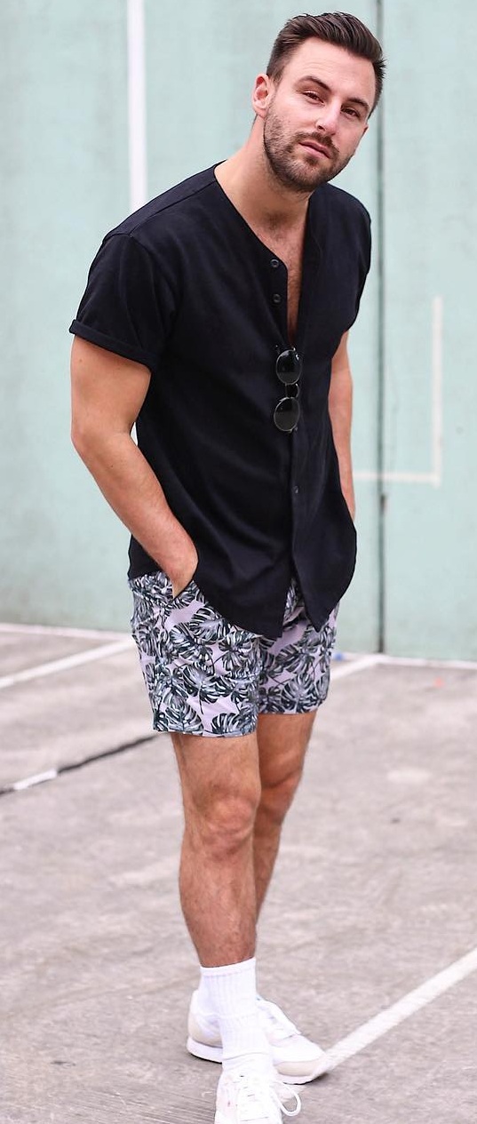 Floral Shorts- Black Shirt-Outfit-Idea-For-Men