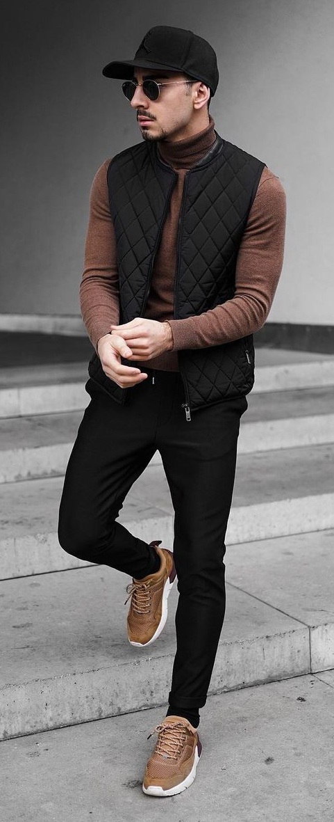 Layer your turtleneck with a cool quilted jacket, cap and sneakers