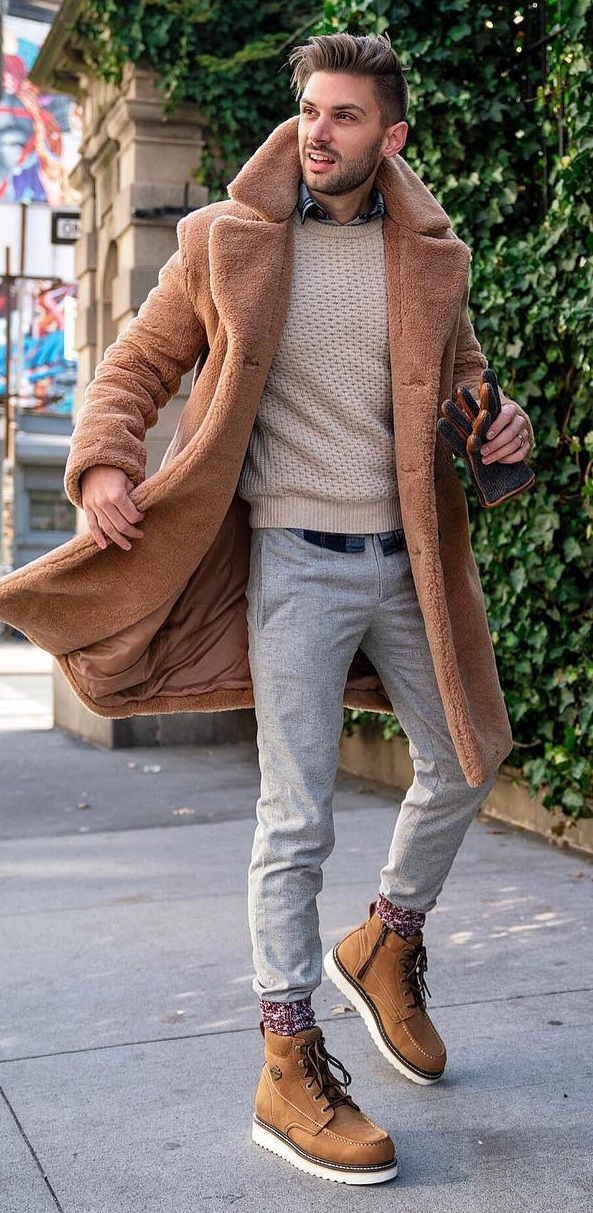 Shirt layered with sweater and teddy fur coat and paired with boots