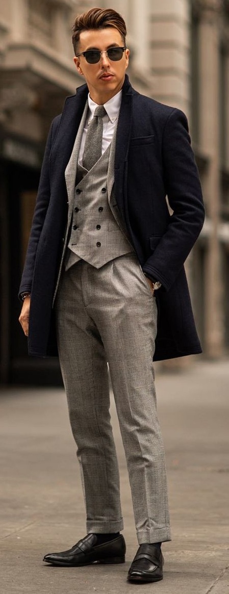 Three Piece Blazer Suit And Overcoat Outfit For Winter