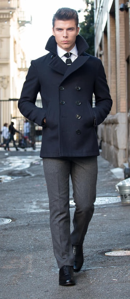 Winter Suit Outfit Styled with a Peacoat