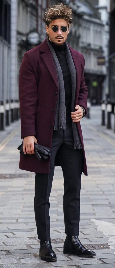 Winter Suit Styled With Scarf and Leather Gloves