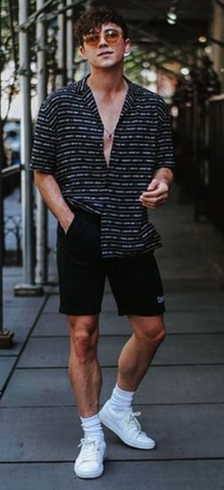 Black printed shirt paired with shorts & white shoes - Printed Shirt Combinationss for Men