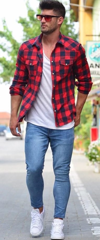 shirt with checked print over white tee denim jeans & white shoes - Printed Shirt Combinations for Men