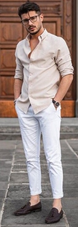Cream shirt with white chinos and a watch_