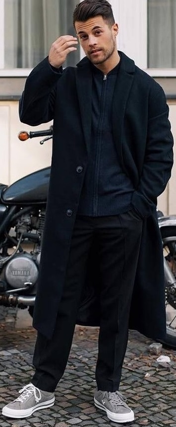 Dark blue long overcoat zipper tshirt and black chinos_