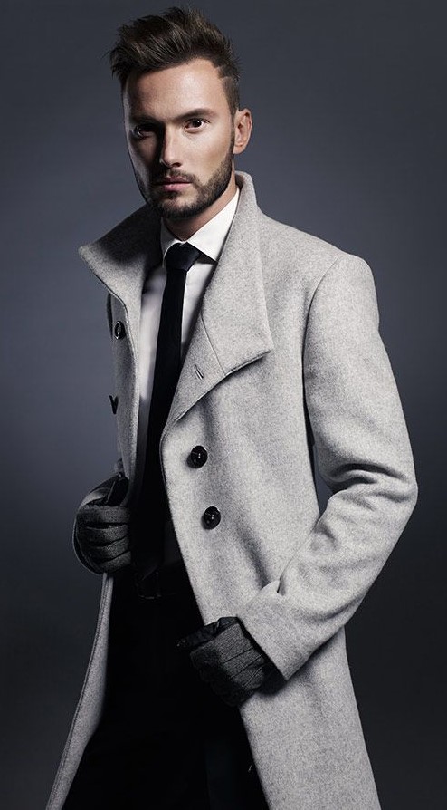 Grey overcoat with white undershirt and black tie