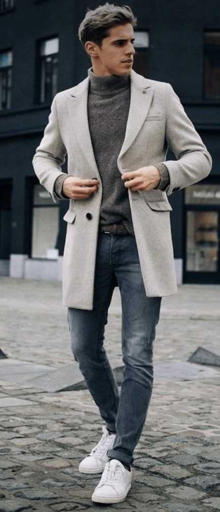 Grey turtle neck t shirt with light grey colored overcoat. wearing a white sneaker and belt Best Fashion Blog For Men TheUnstitchd