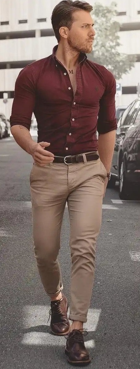 Maroon shirt with beige jeans and dark brown belt_