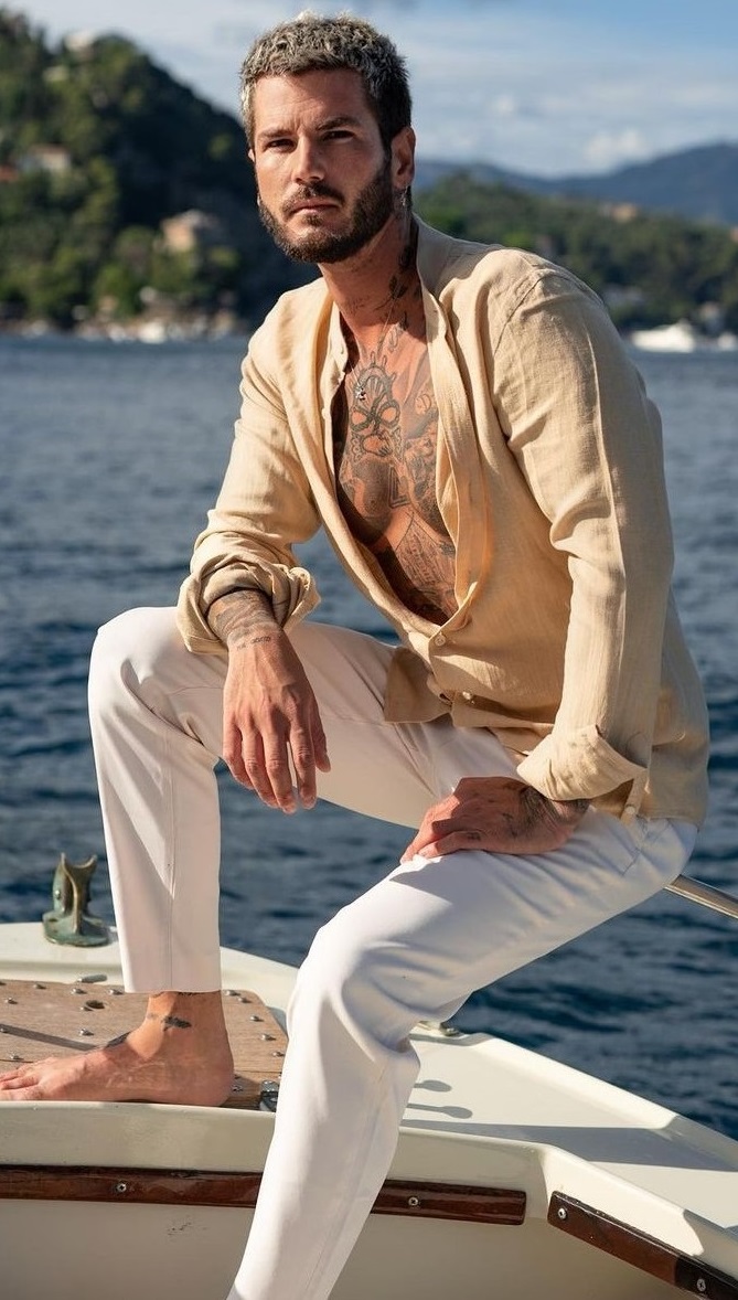 beige shirt with white chinos_