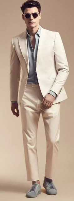 beige suit with blue undershirt and grey shoes accessorized with shades