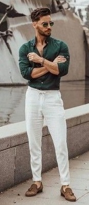 green shirt with white chinos and shades_