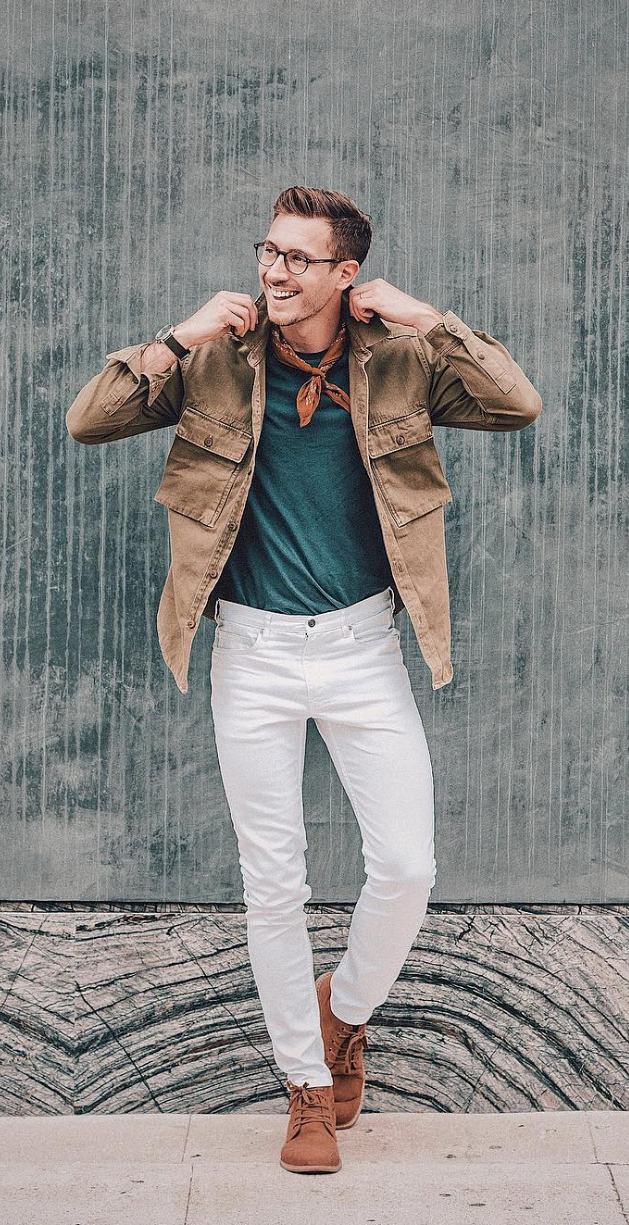 green t-shirt with white chinos and brown jacket accessorized with scarf_