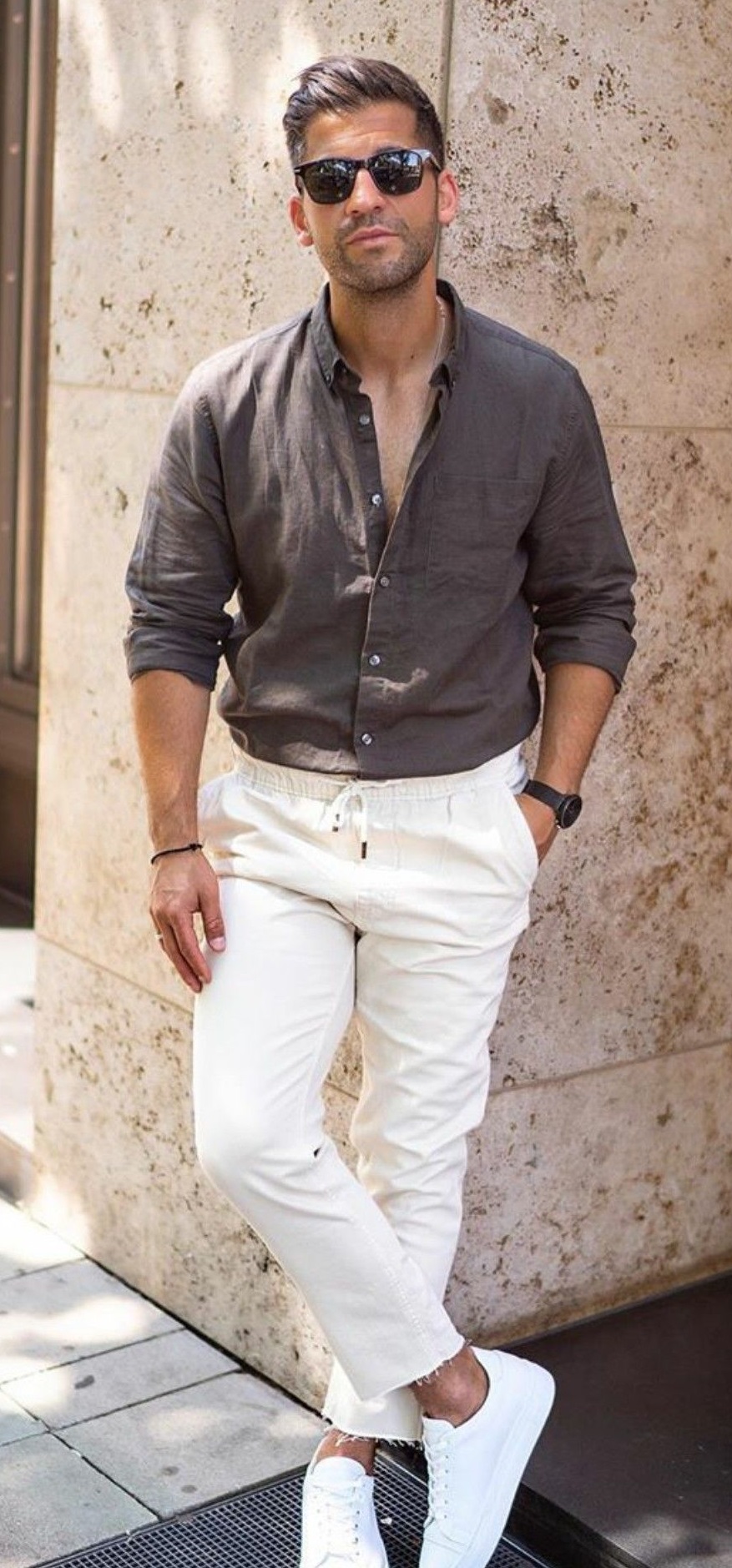 grey t-shirt with white chinos and shades with watch and white sneakers_