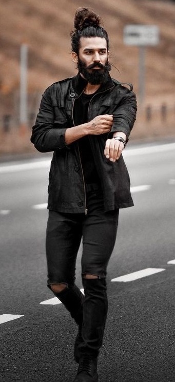 shredded denim with a whole black outfit