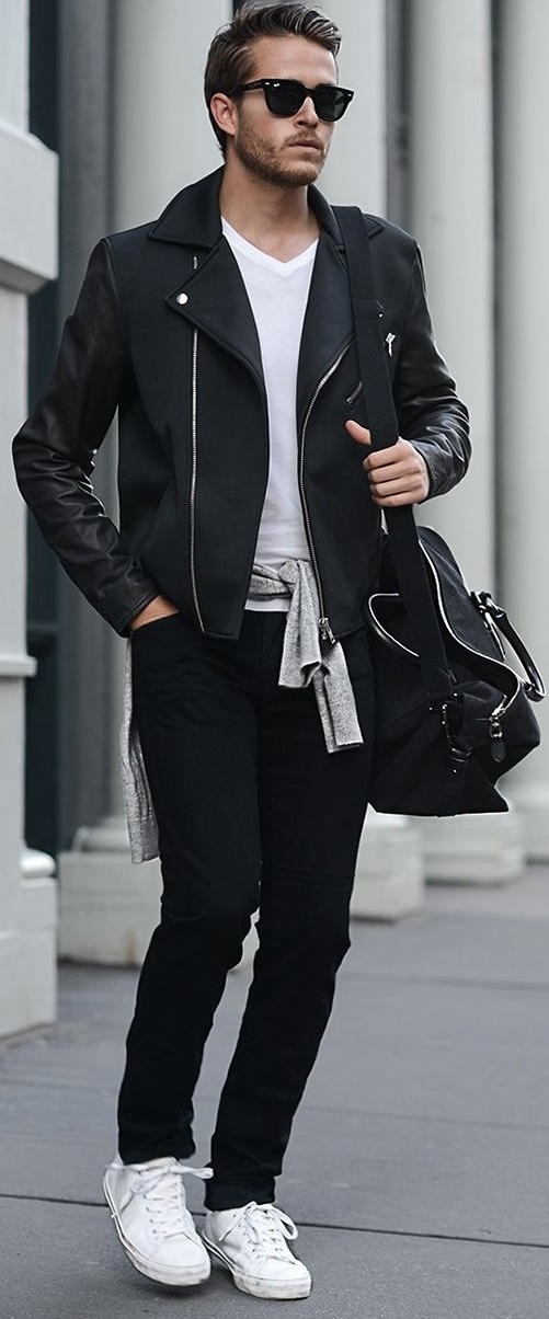 full black outfit with white shirt and shoes accessorized with a bag