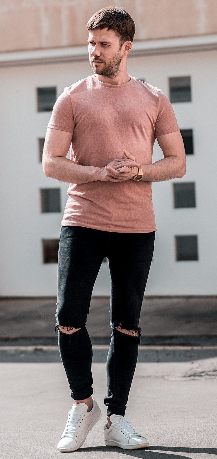 Pink Tshirt with black ripped jeans and white sneakers