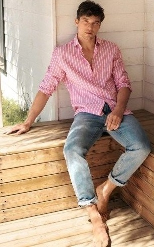 Pink stripped shirt with blue denims
