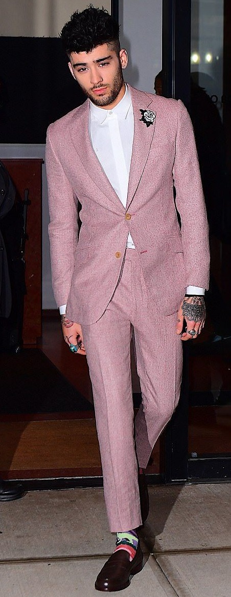 Pink suit with white shirt and suede