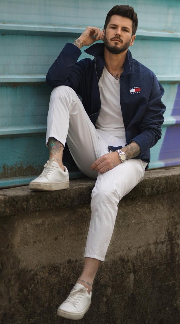 Smart casual with white undertones and blue jacket with white sneakers