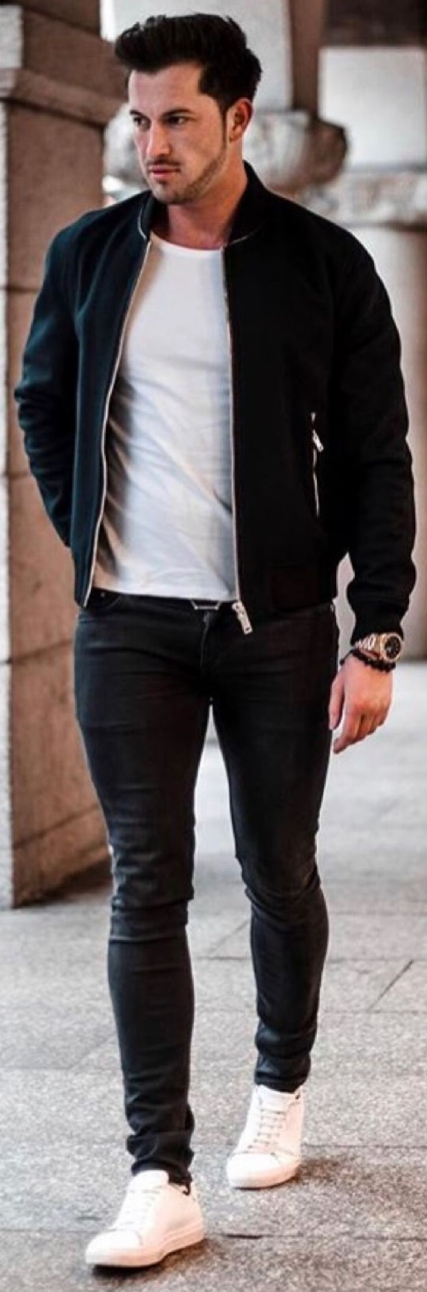 black zipped jackets with black chinos and white t-shirt and shoes
