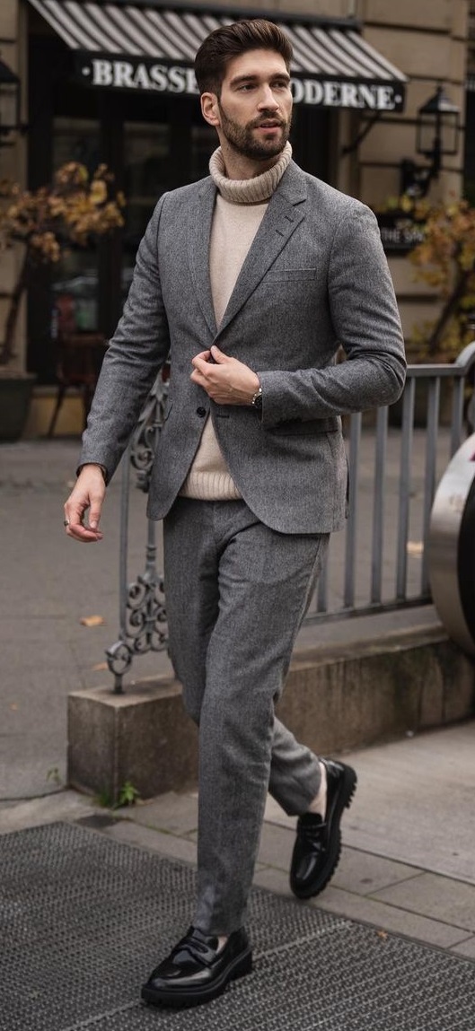 smart casual outfit with grey suit and cream turtle neck tshirt