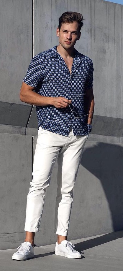 smart casual with blue shirt and white chinos and sneakers