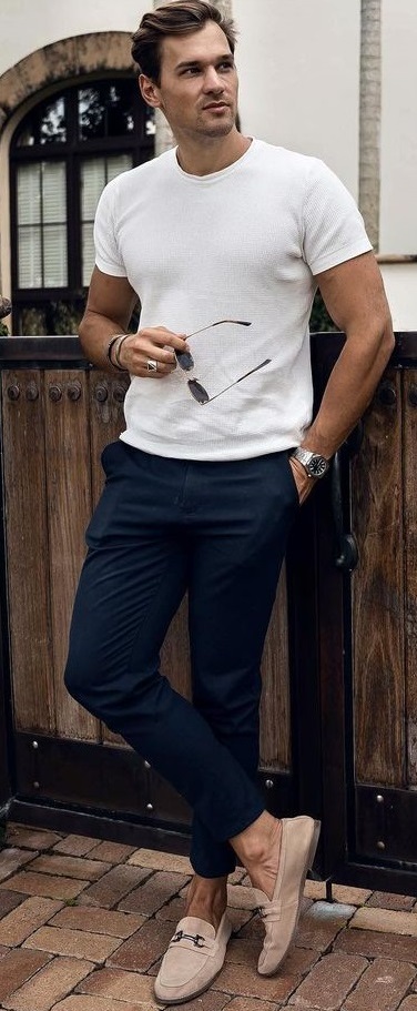 smart casual with white tshirt and blue chinos accessroized with