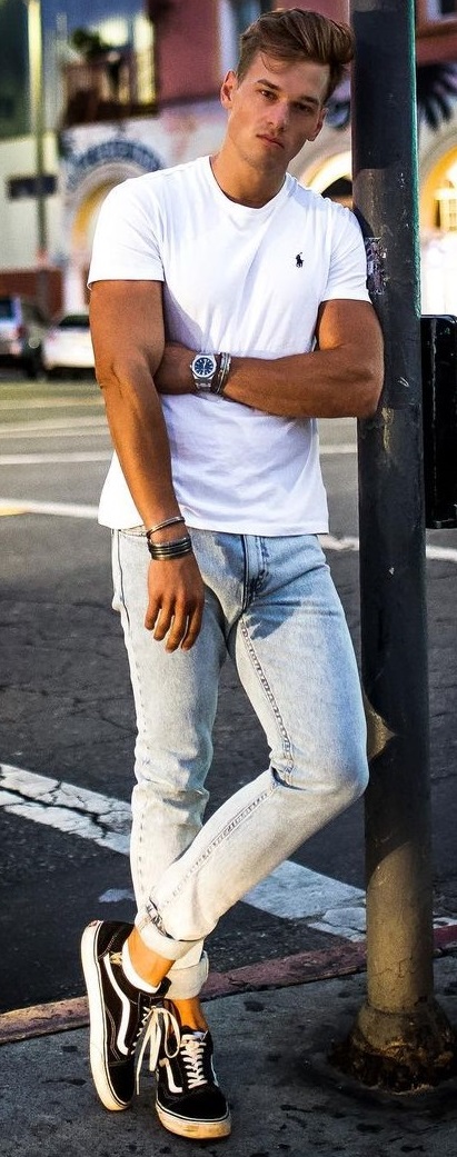 smart casual with white tshirt and blue denims accessorized with watch and bracelets