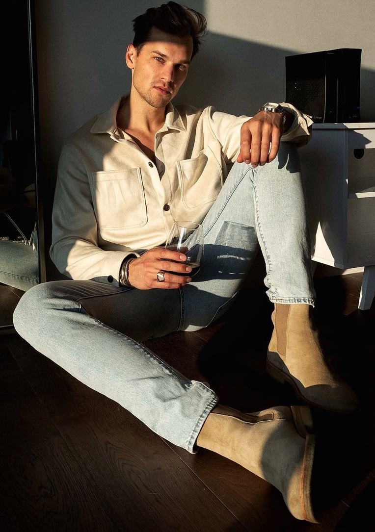 white shirt with blue denims and leather shoes accessorized with a ring and bracelets