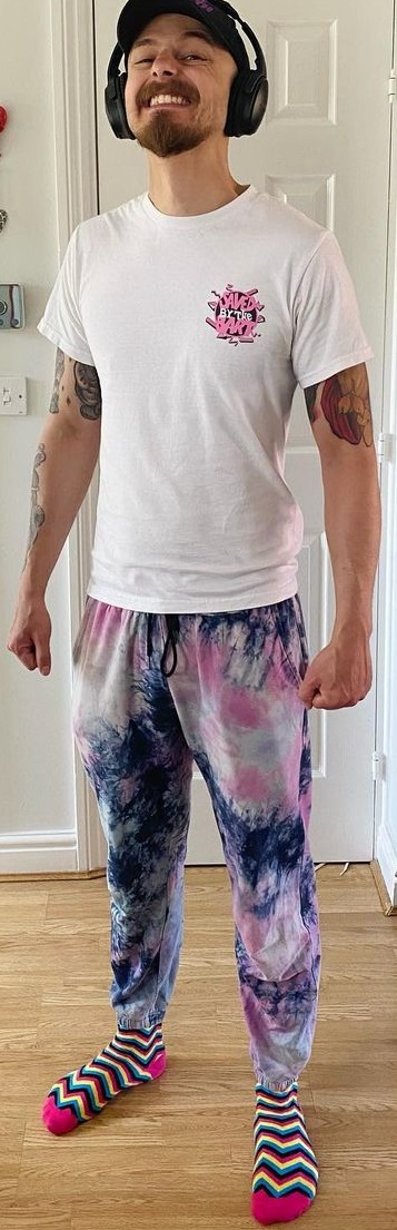 blue and pink colored tie dye men's joggers with a socks