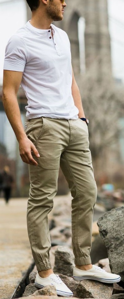 cream men's jogger with white tshirt and shoes